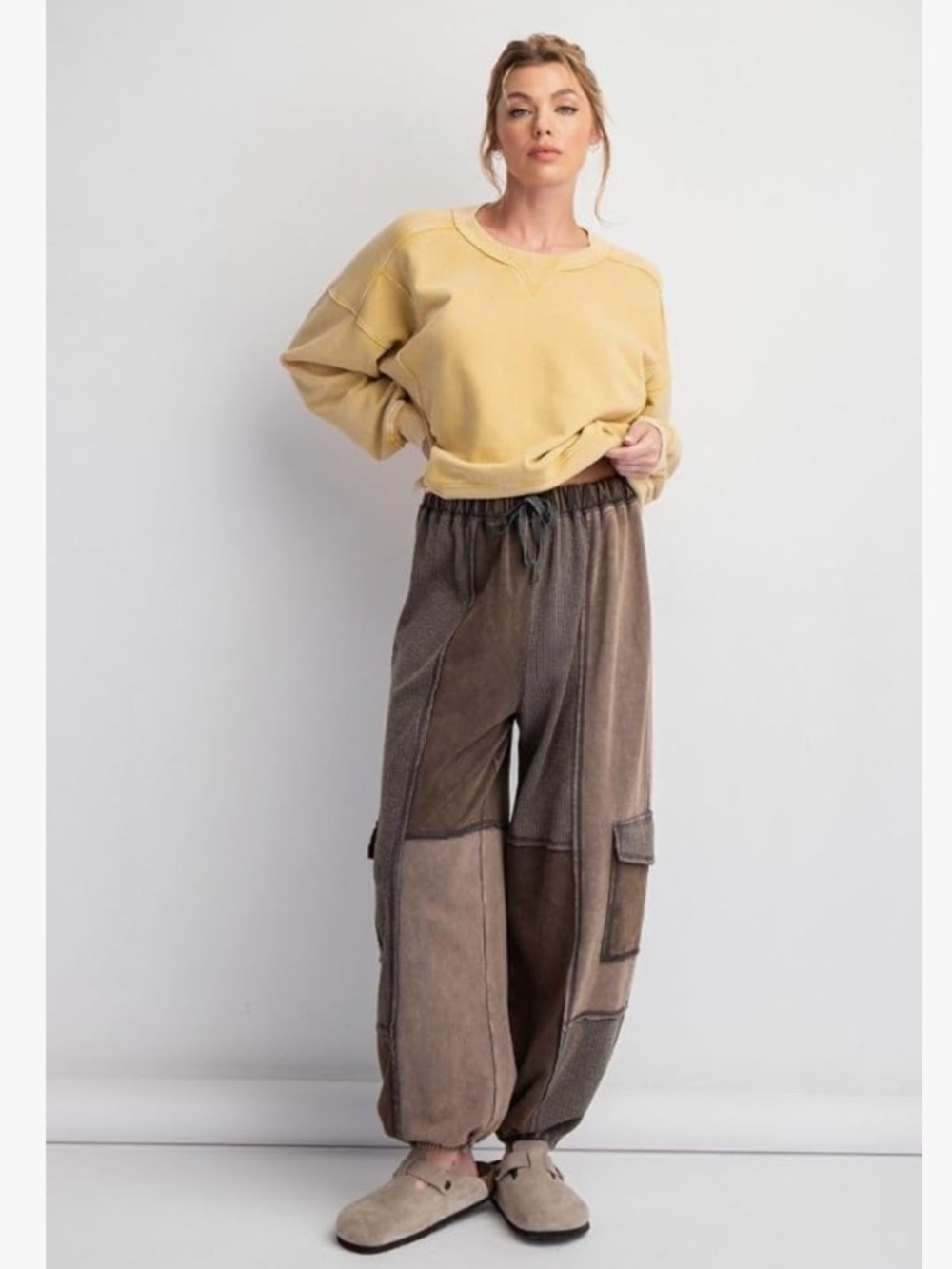 Easel Ayla Color Block Patchwork Terry Knit Cargo Jogger Pants size large ash - Picture 5 of 6